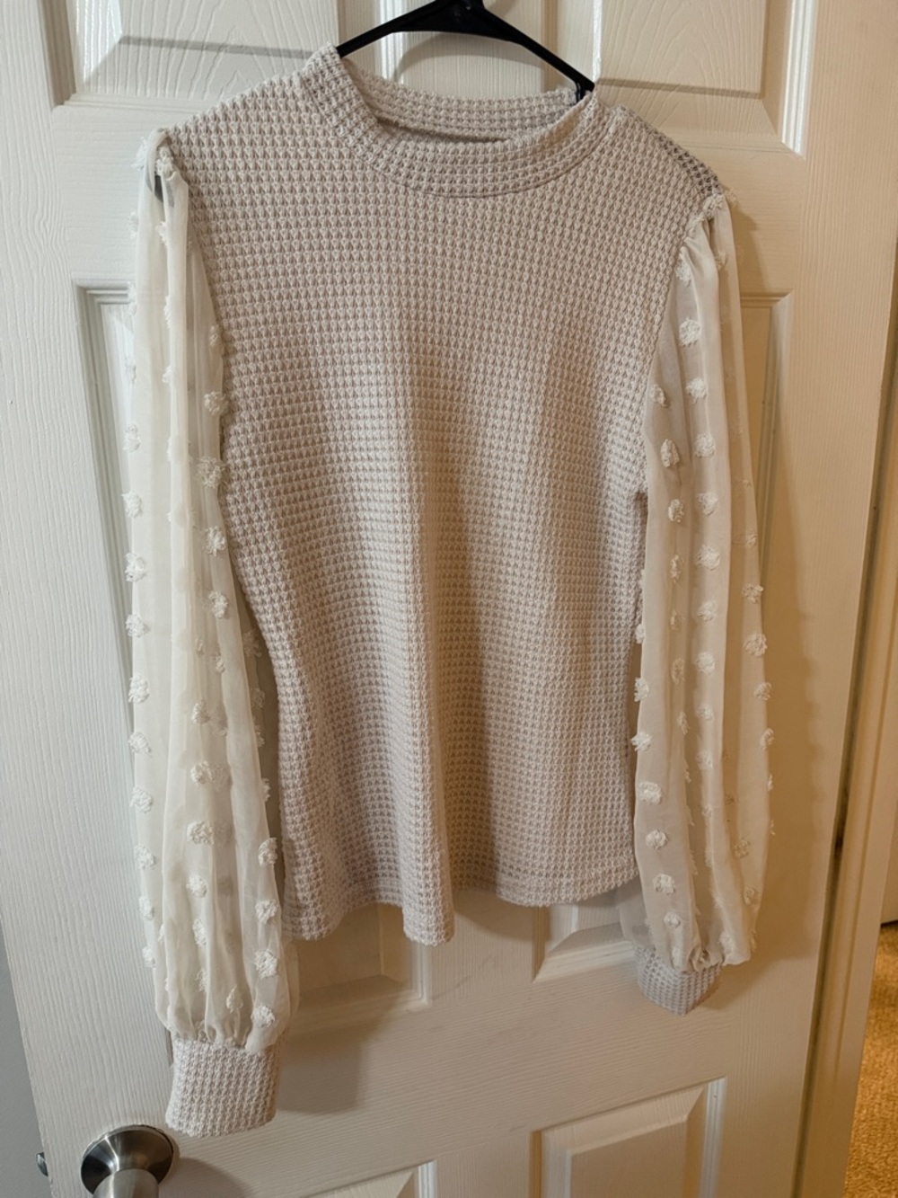 SHEIN Cream Waffle-Knit Sweater with Sheer Pom-Pom Sleeves